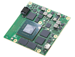 An angled view of a green circuit board (Q8J Rev. B) with a central large dark processor chip, several surrounding black memory chips, and a USB port.